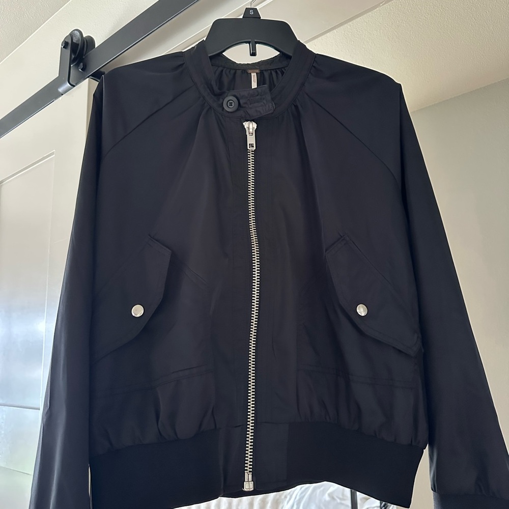 Free People Black Bomber Jacket with Silver Detail